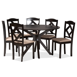 Baxton Studio Carlin Sand Fabric Upholstered and Dark Brown Finished Wood 7-Piece Dining Set